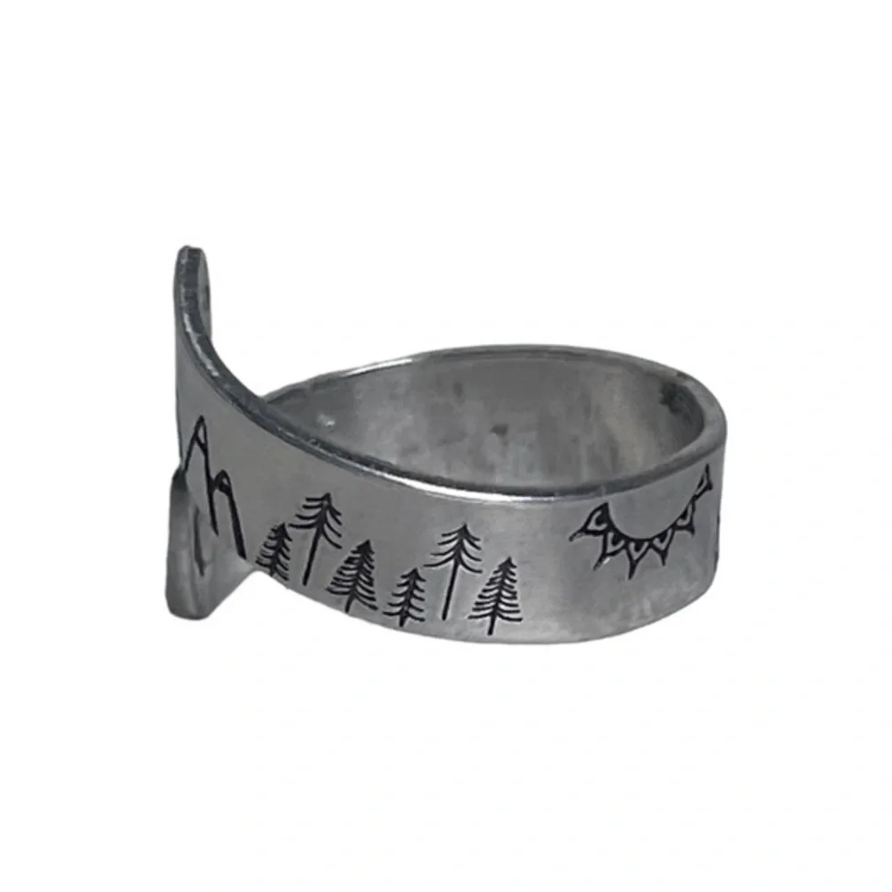 Handmade 8/9 stamped forest & moose silver‎ hypoallergenic adjustable wrap ring